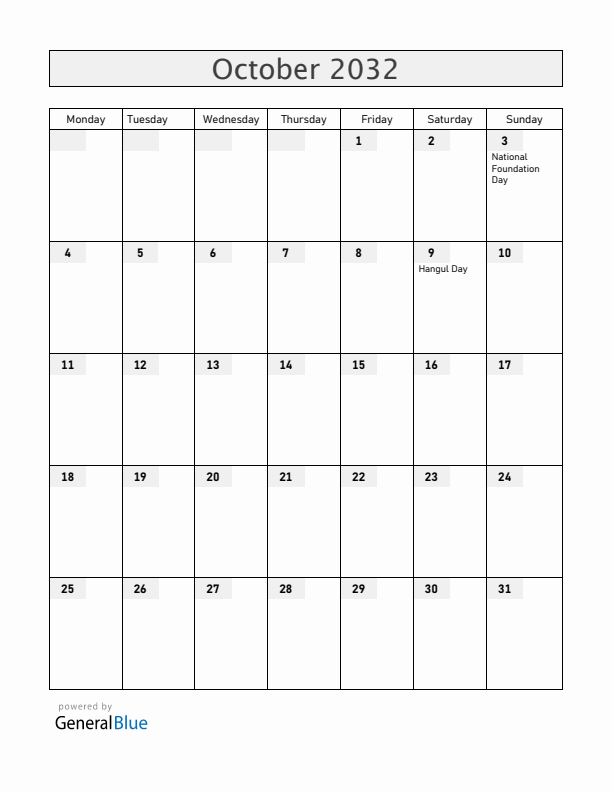 South Korea October 2032 Calendar with Holidays