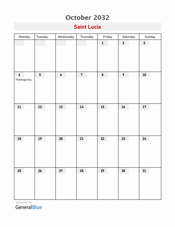 Saint Lucia October 2032 Calendar with Holidays