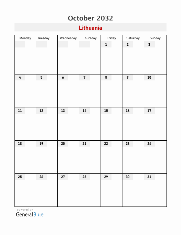 Lithuania October 2032 Calendar with Holidays