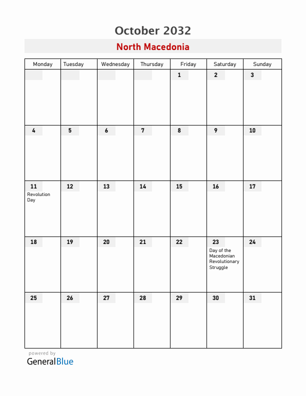 North Macedonia October 2032 Calendar with Holidays
