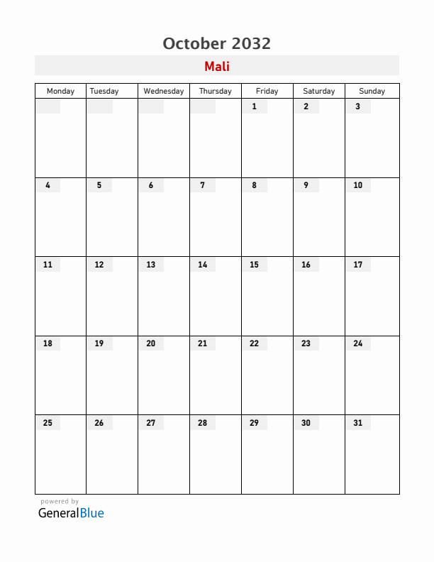 Mali October 2032 Calendar with Holidays