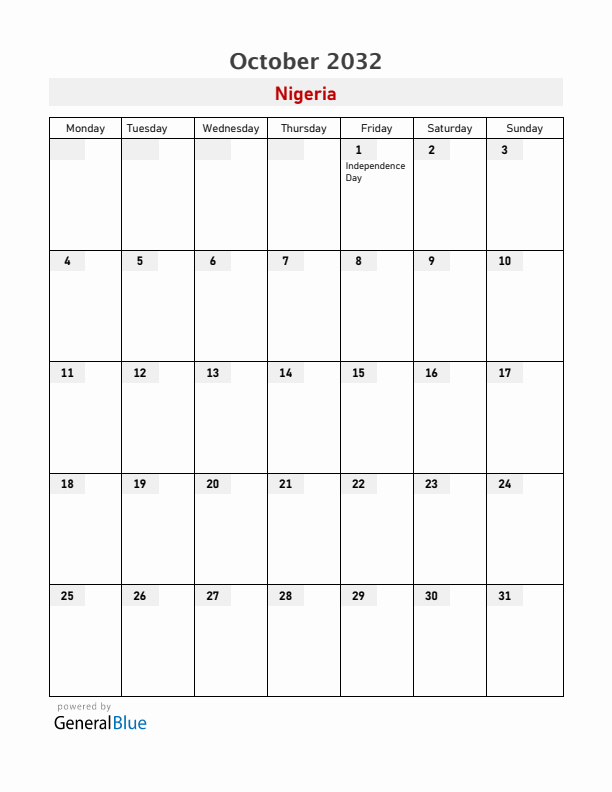 Nigeria October 2032 Calendar with Holidays
