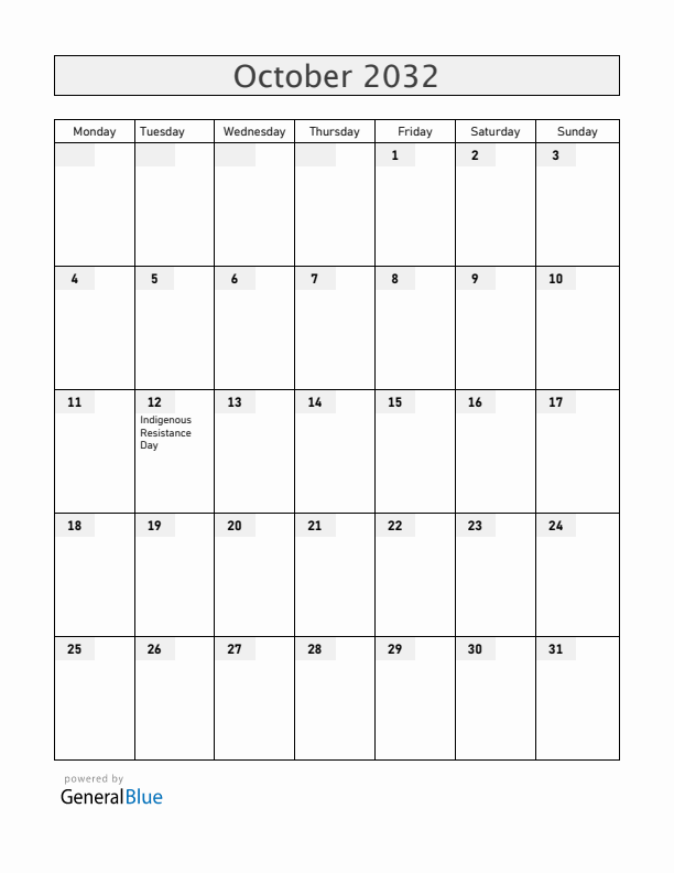 Nicaragua October 2032 Calendar with Holidays