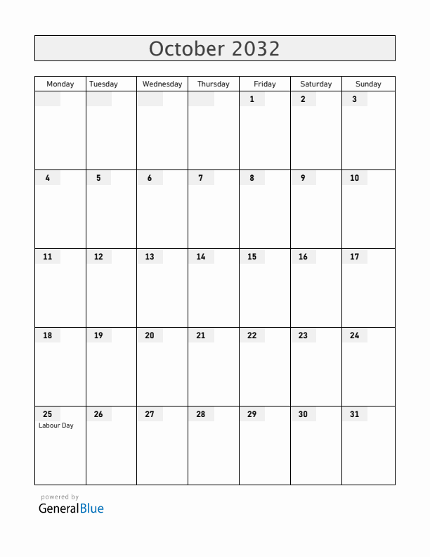 New Zealand October 2032 Calendar with Holidays