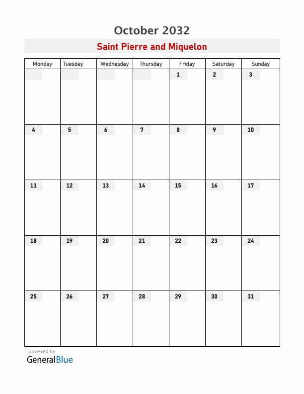 Saint Pierre and Miquelon October 2032 Calendar with Holidays