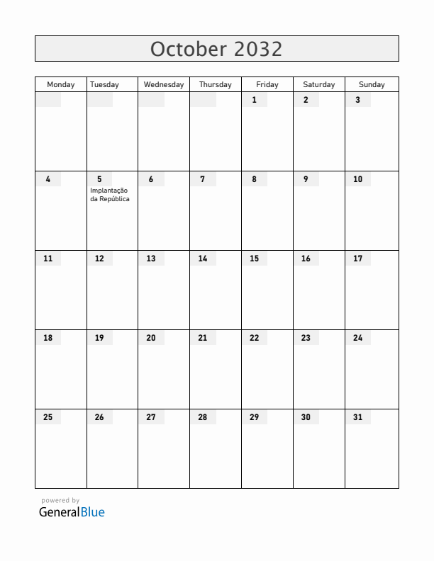 Portugal October 2032 Calendar with Holidays