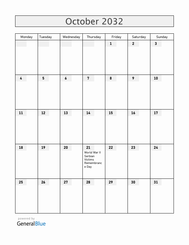 Serbia October 2032 Calendar with Holidays