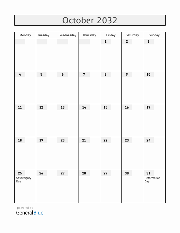 Slovenia October 2032 Calendar with Holidays