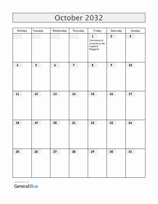 San Marino October 2032 Calendar with Holidays