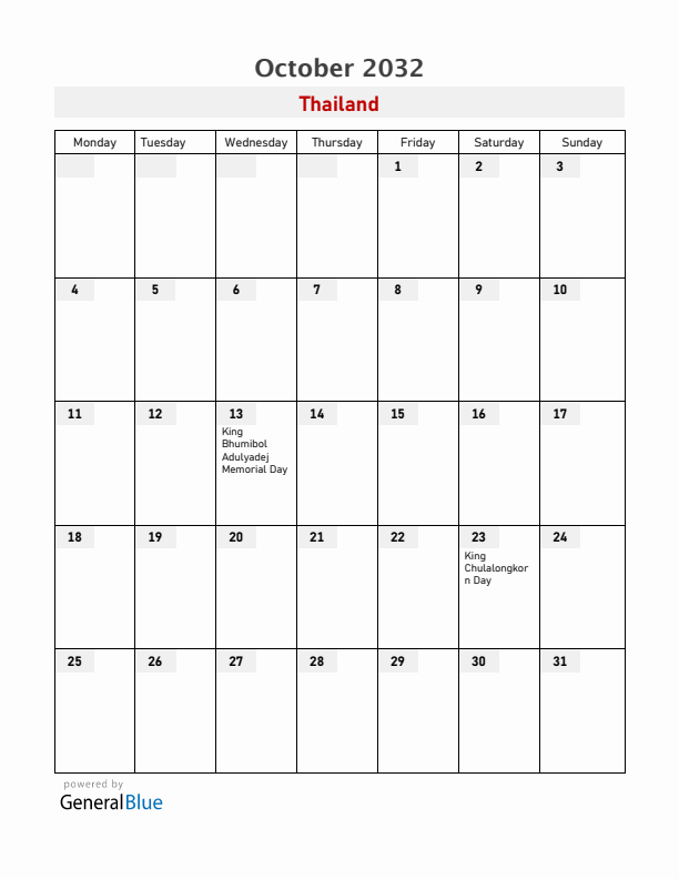 Thailand October 2032 Calendar with Holidays