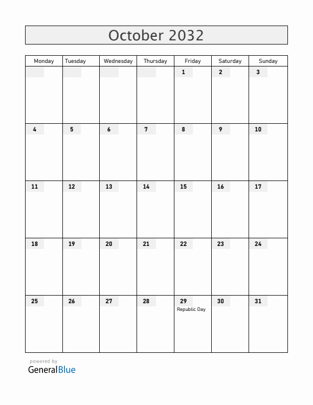 Turkey October 2032 Calendar with Holidays