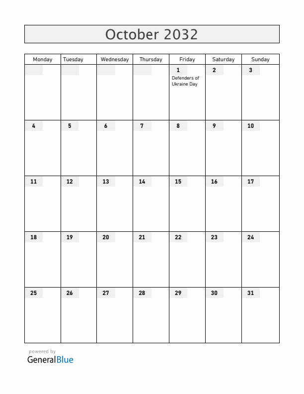 Ukraine October 2032 Calendar with Holidays