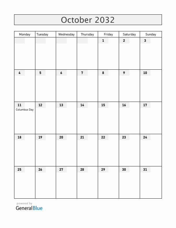 Uruguay October 2032 Calendar with Holidays