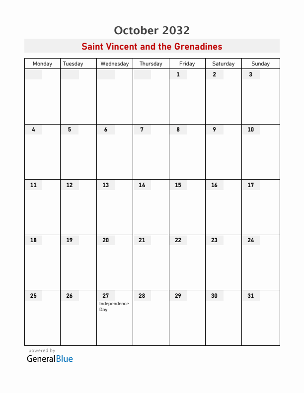 Saint Vincent and the Grenadines October 2032 Calendar with Holidays