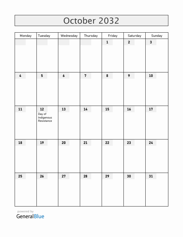 Venezuela October 2032 Calendar with Holidays