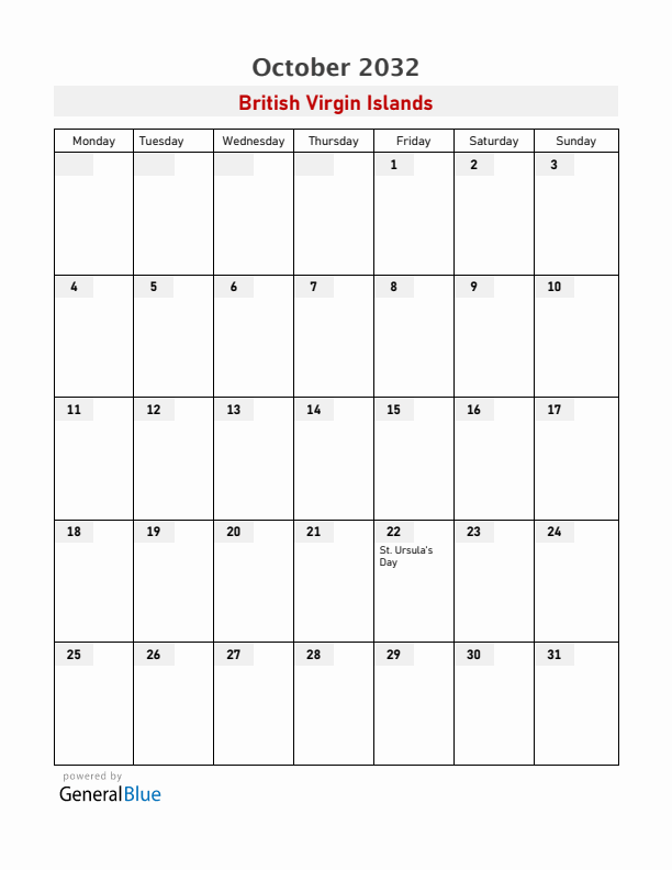 British Virgin Islands October 2032 Calendar with Holidays