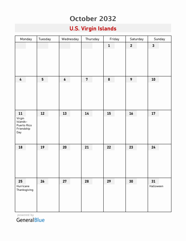 U.S. Virgin Islands October 2032 Calendar with Holidays