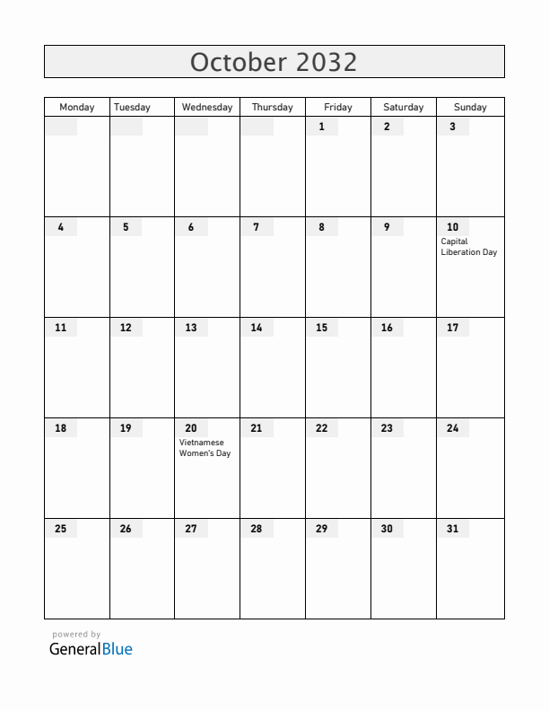 Vietnam October 2032 Calendar with Holidays
