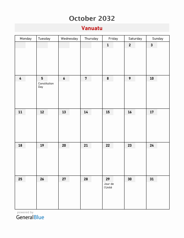 Vanuatu October 2032 Calendar with Holidays