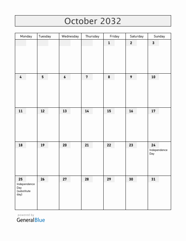 Zambia October 2032 Calendar with Holidays