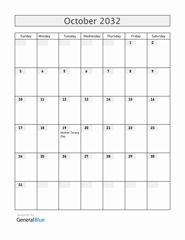 Albania October 2032 Calendar with Holidays