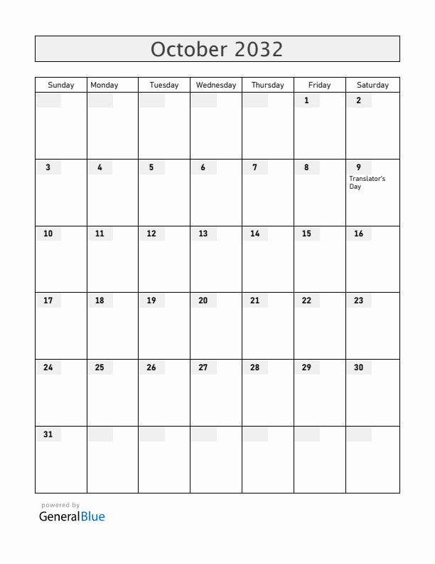 Armenia October 2032 Calendar with Holidays