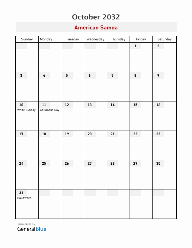 American Samoa October 2032 Calendar with Holidays