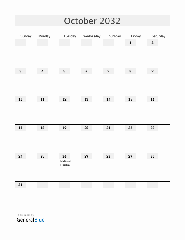 Austria October 2032 Calendar with Holidays