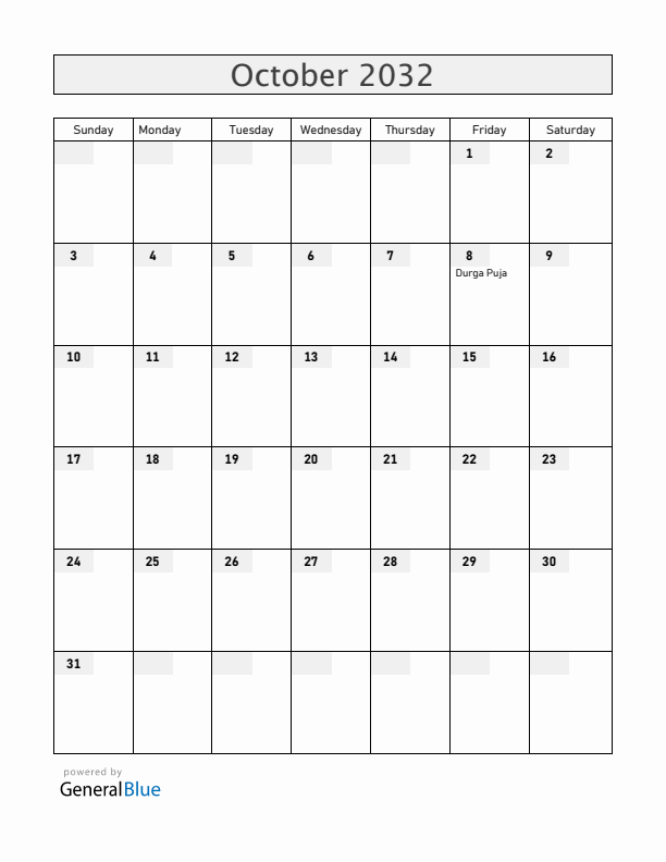 Bangladesh October 2032 Calendar with Holidays