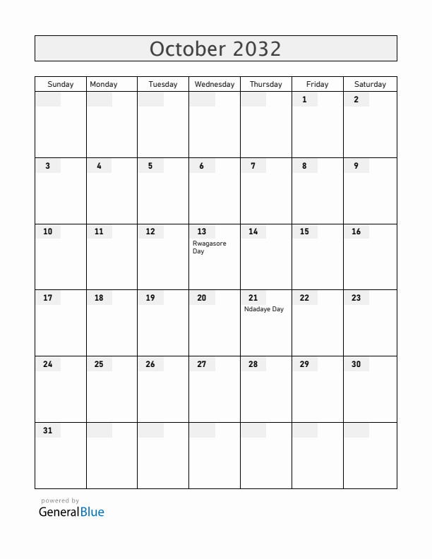 Burundi October 2032 Calendar with Holidays
