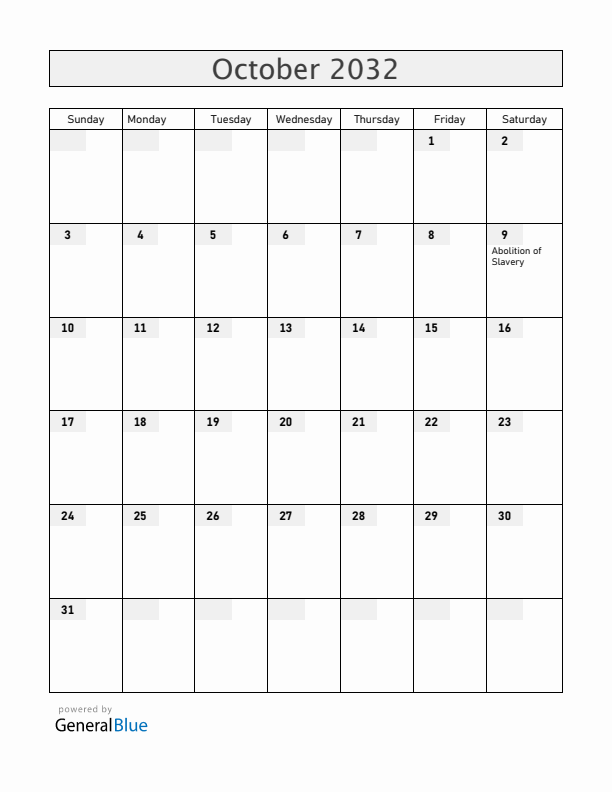 Saint Barthelemy October 2032 Calendar with Holidays