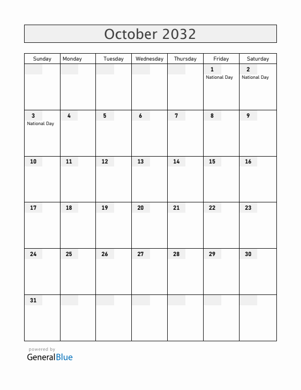 China October 2032 Calendar with Holidays