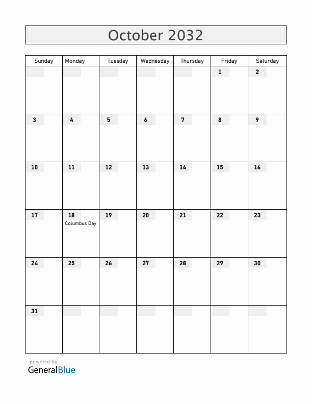 Colombia October 2032 Calendar with Holidays