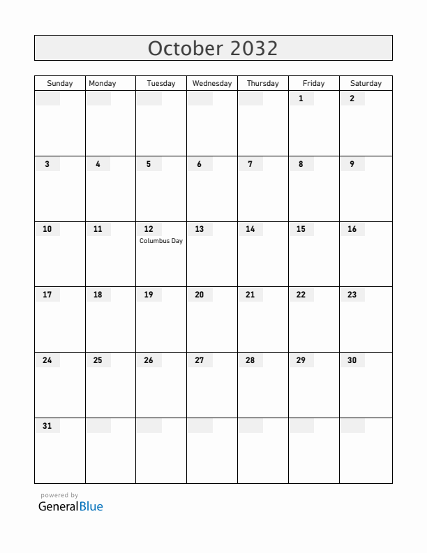 Costa Rica October 2032 Calendar with Holidays