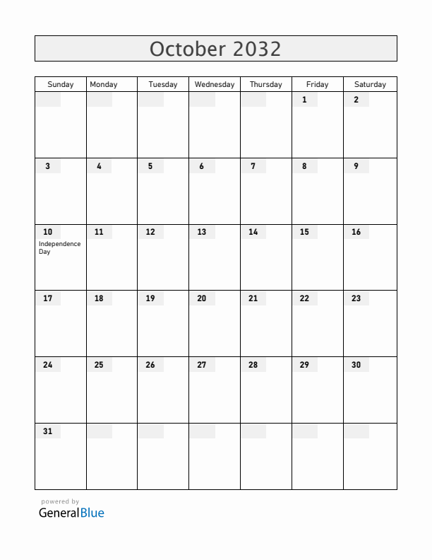 Cuba October 2032 Calendar with Holidays