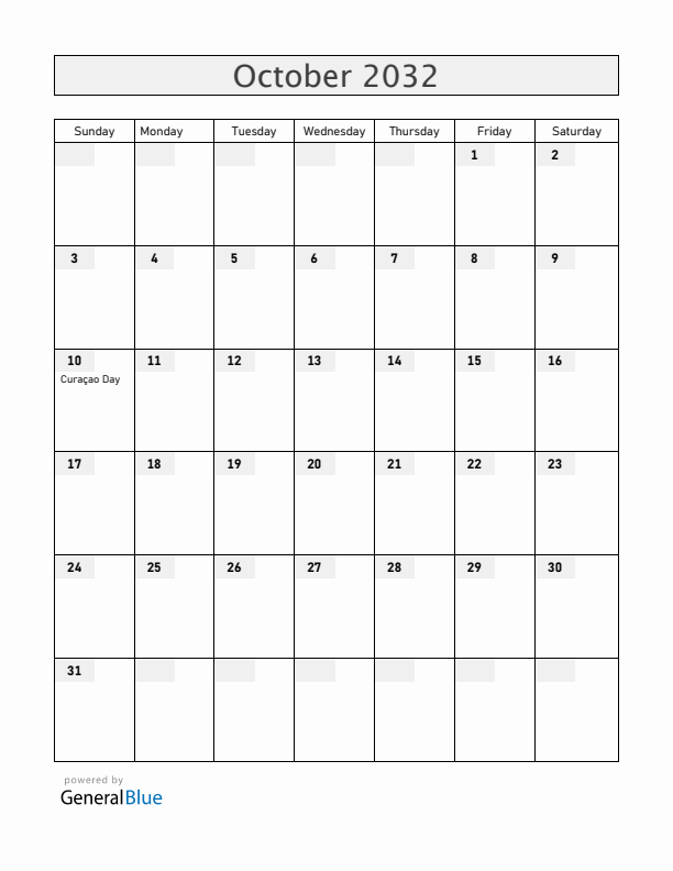Curacao October 2032 Calendar with Holidays