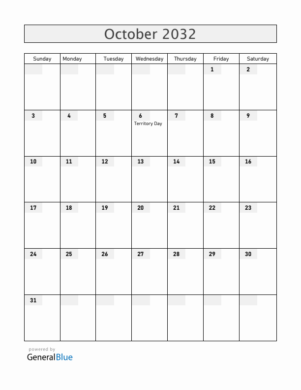 Christmas Island October 2032 Calendar with Holidays