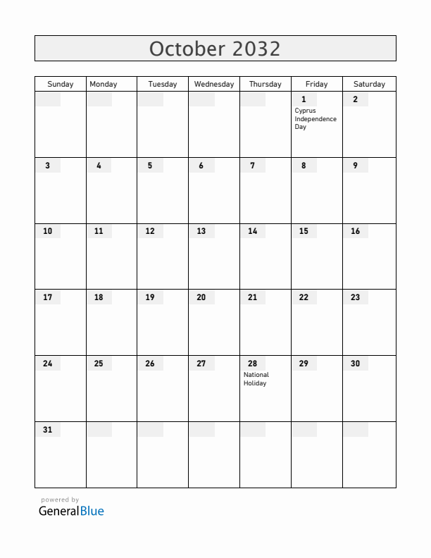 Cyprus October 2032 Calendar with Holidays