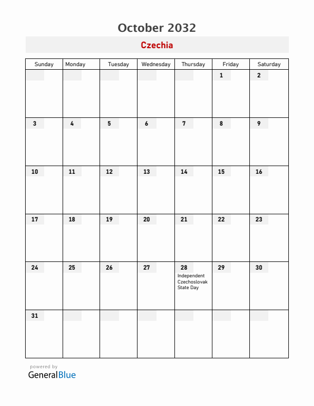 Czechia October 2032 Calendar with Holidays