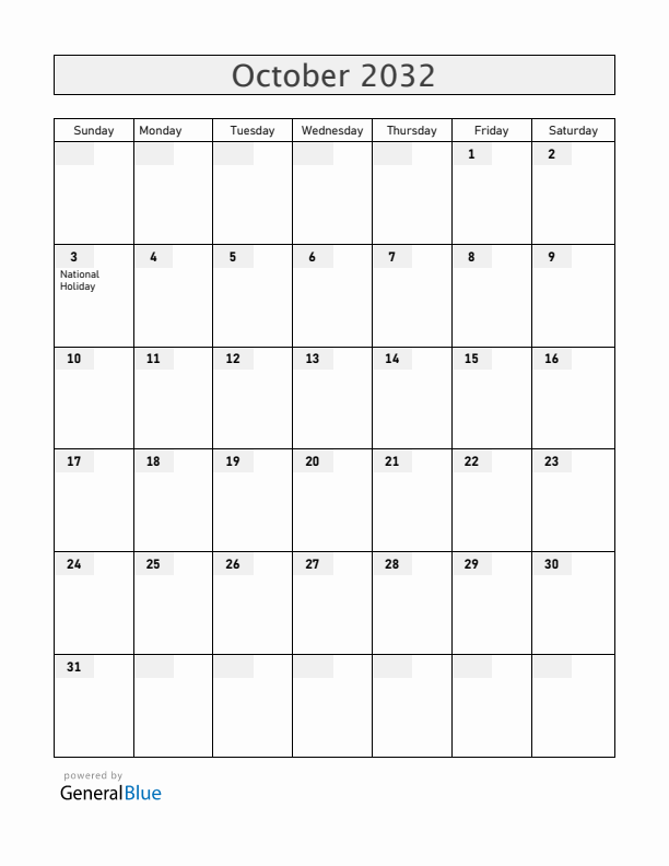 Germany October 2032 Calendar with Holidays