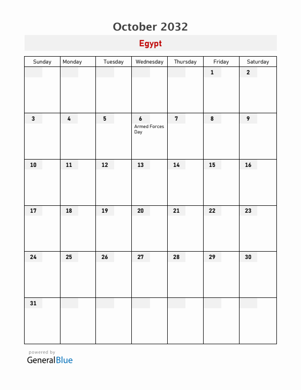 Egypt October 2032 Calendar with Holidays