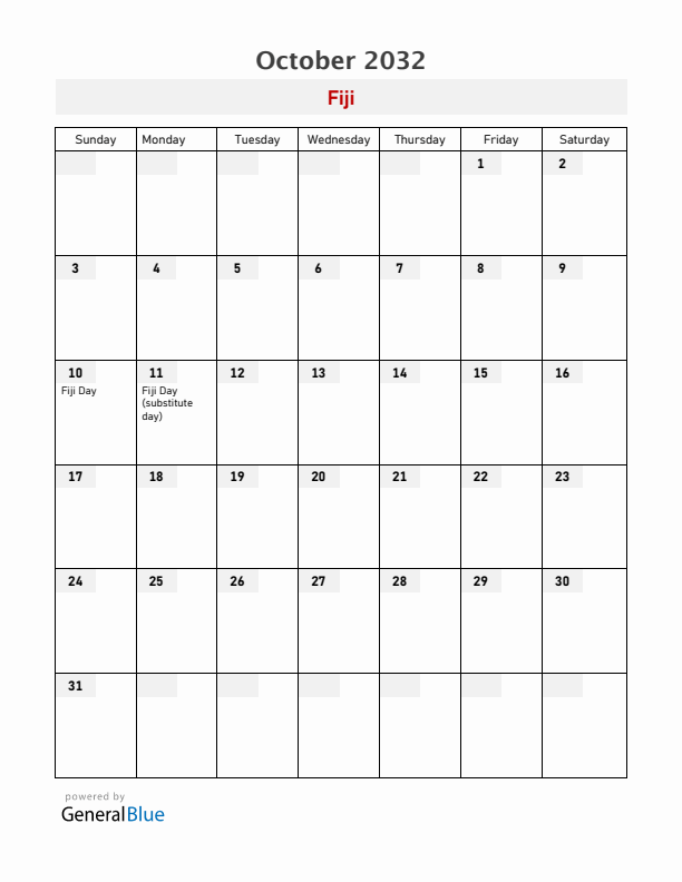 Fiji October 2032 Calendar with Holidays