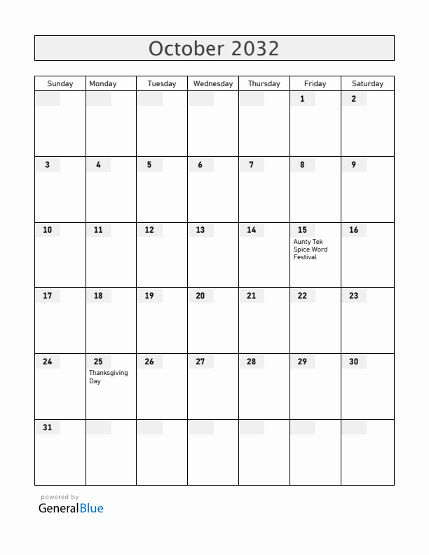 Grenada October 2032 Calendar with Holidays