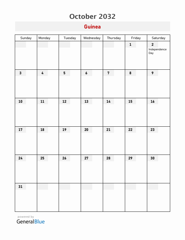 Guinea October 2032 Calendar with Holidays