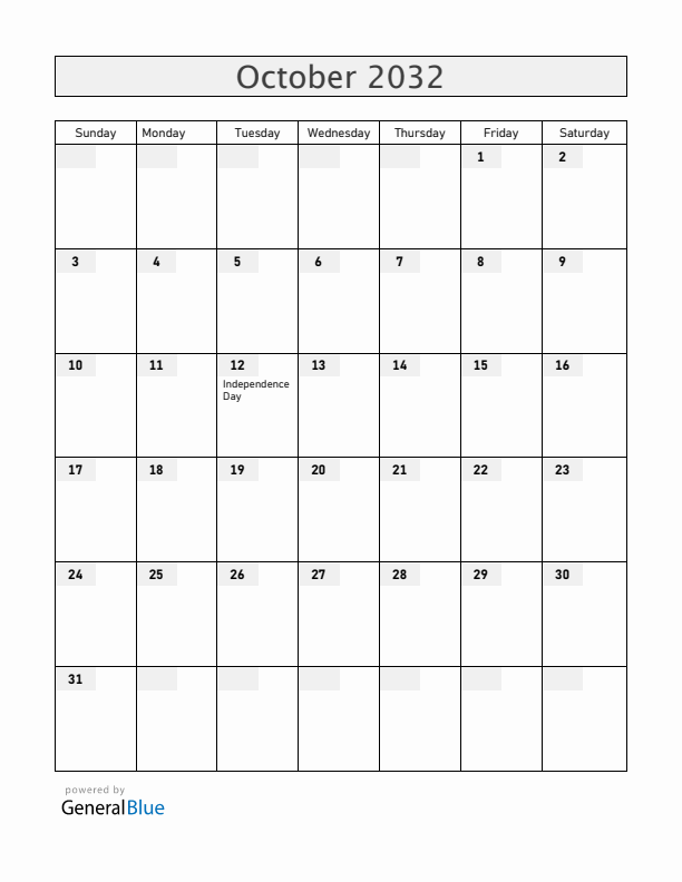 Equatorial Guinea October 2032 Calendar with Holidays
