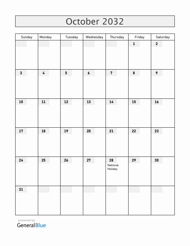 Greece October 2032 Calendar with Holidays