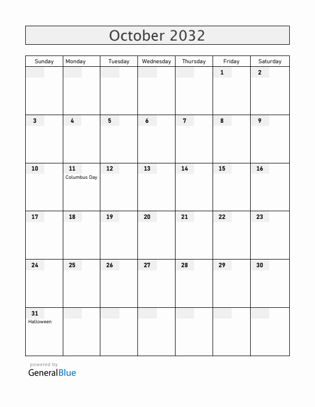 Guam October 2032 Calendar with Holidays