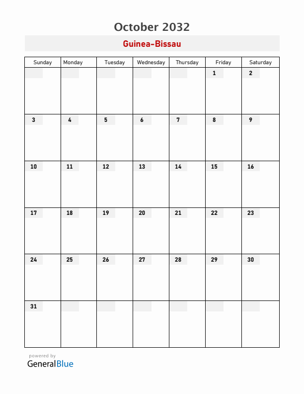 Guinea-Bissau October 2032 Calendar with Holidays