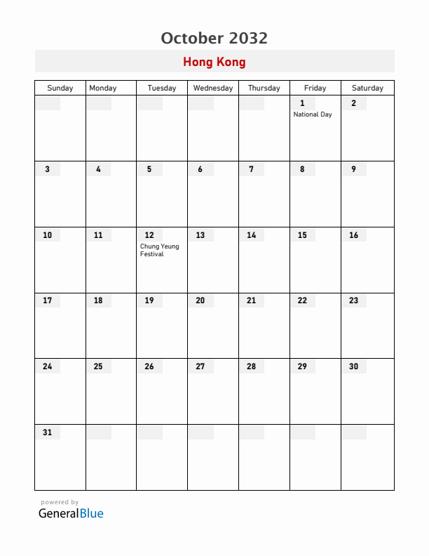 Hong Kong October 2032 Calendar with Holidays