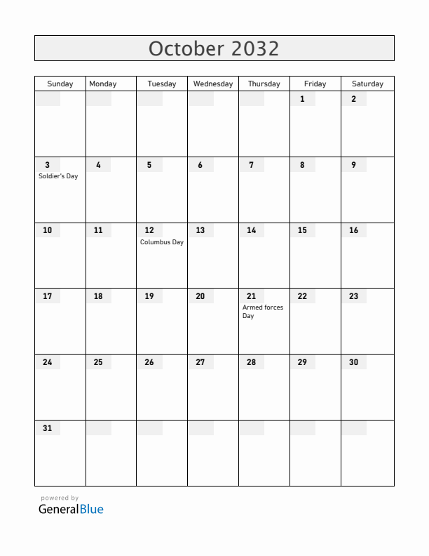 Honduras October 2032 Calendar with Holidays